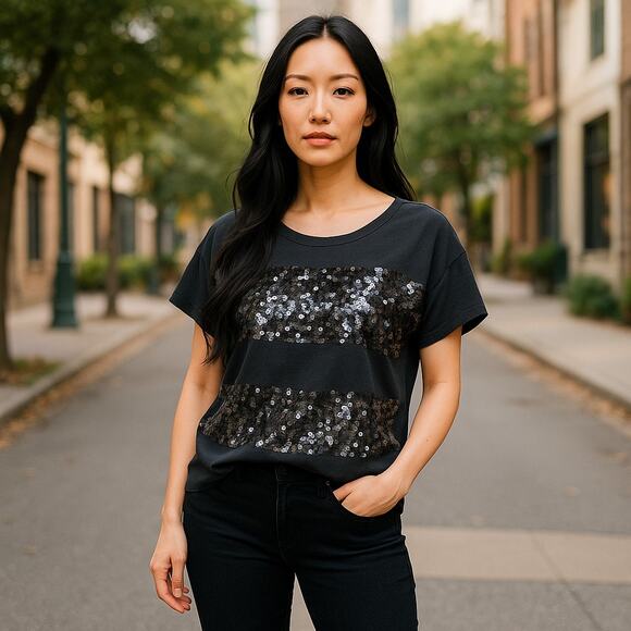 LOFT Tops - LOFT Womens‎ Top Size Small Black Sequined Striped Short Sleeve Ann Taylor NEW